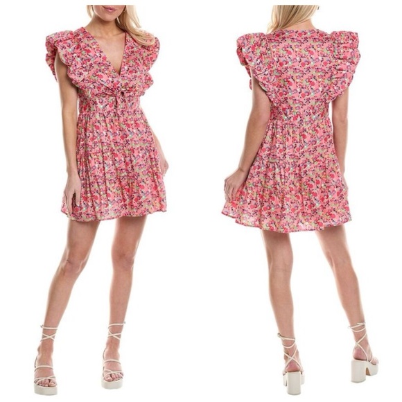 Crosby by Mollie Burch Holcomb Tiered Ruffle Mini Dress Bougainvillea Floral XXS - Picture 1 of 10